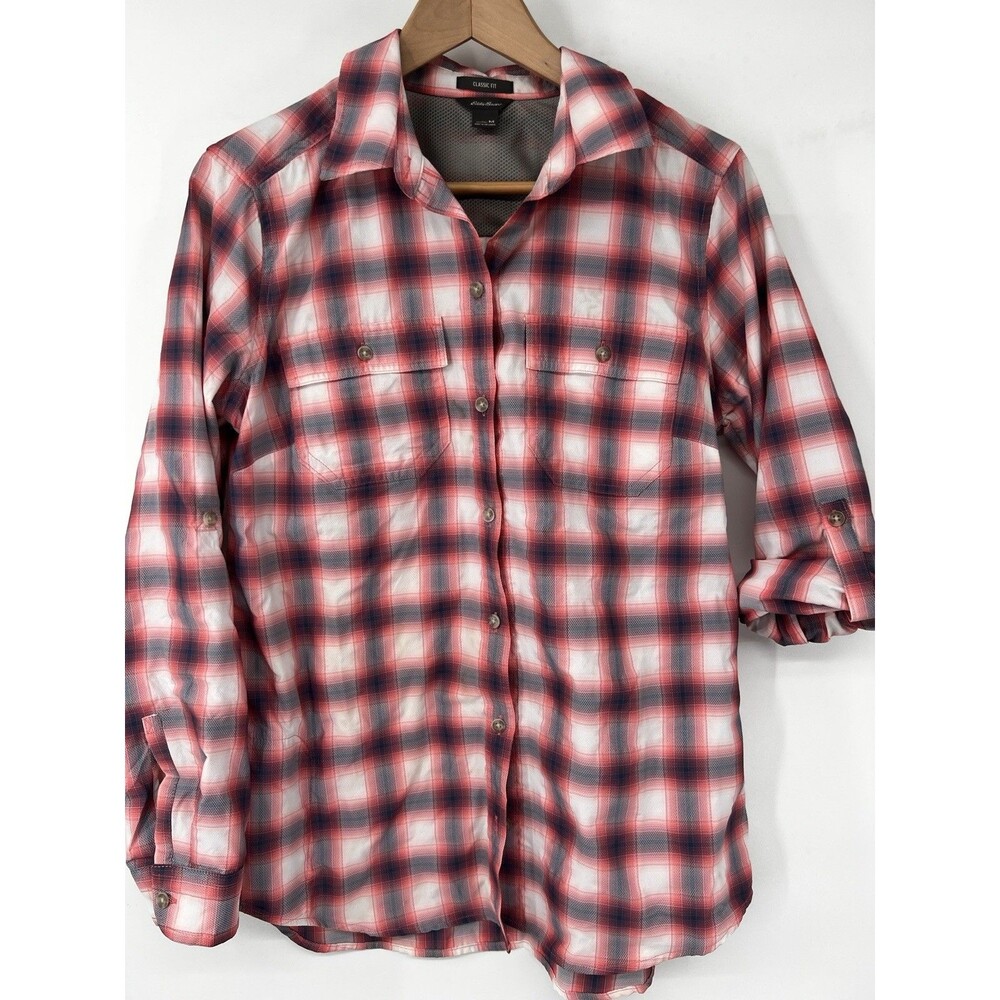 Eddie Bauer Travex Women Size medium Shirt Classic Fit Button Up Roll Tab Plaid